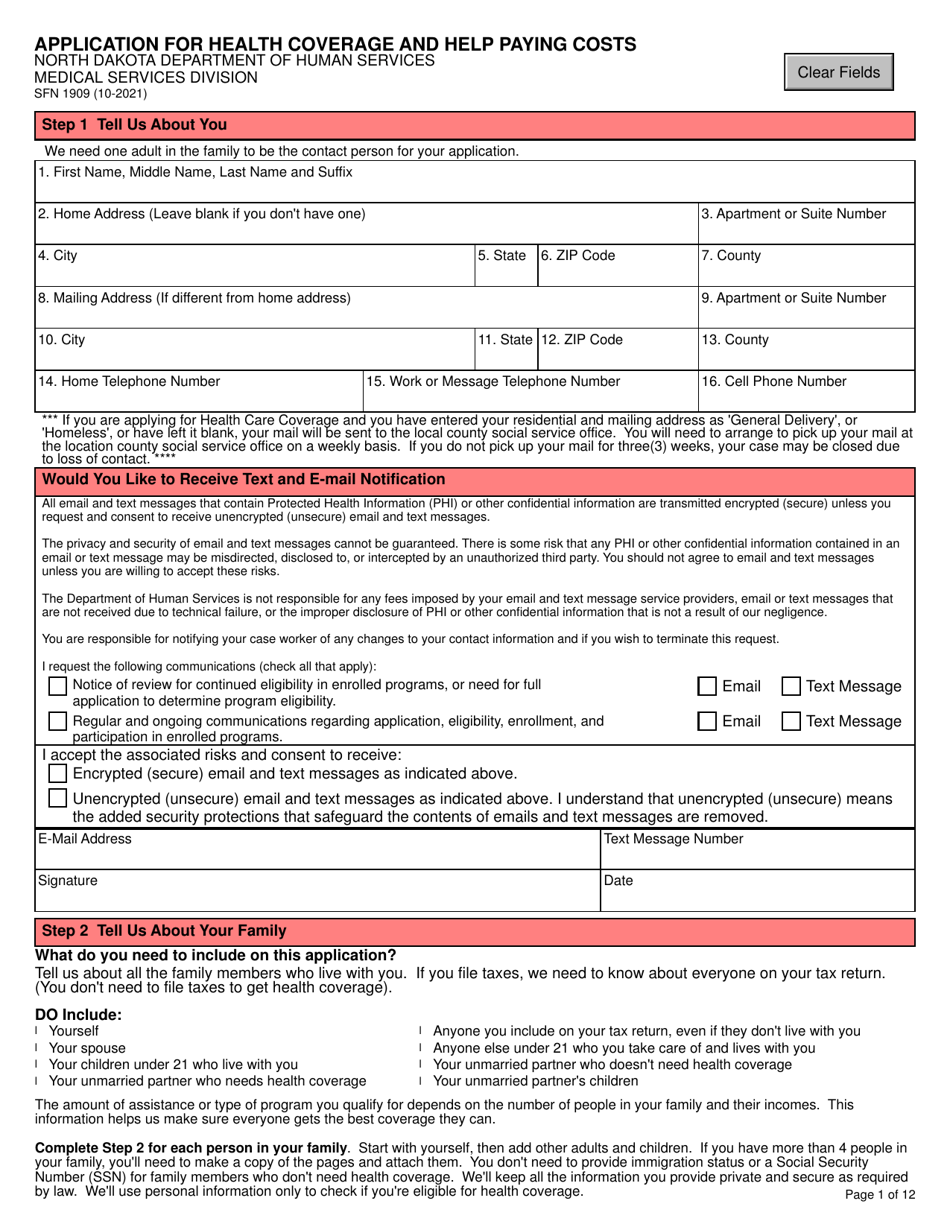 Form SFN1909 Application for Health Coverage and Help Paying Costs - North Dakota, Page 2