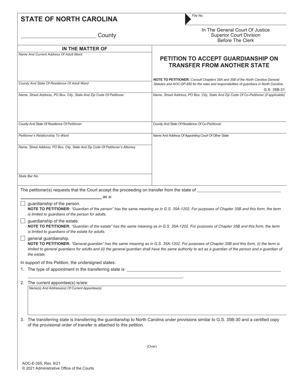 Form AOC-E-355 Petition to Accept Guardianship on Transfer From Another State - North Carolina, Page 1