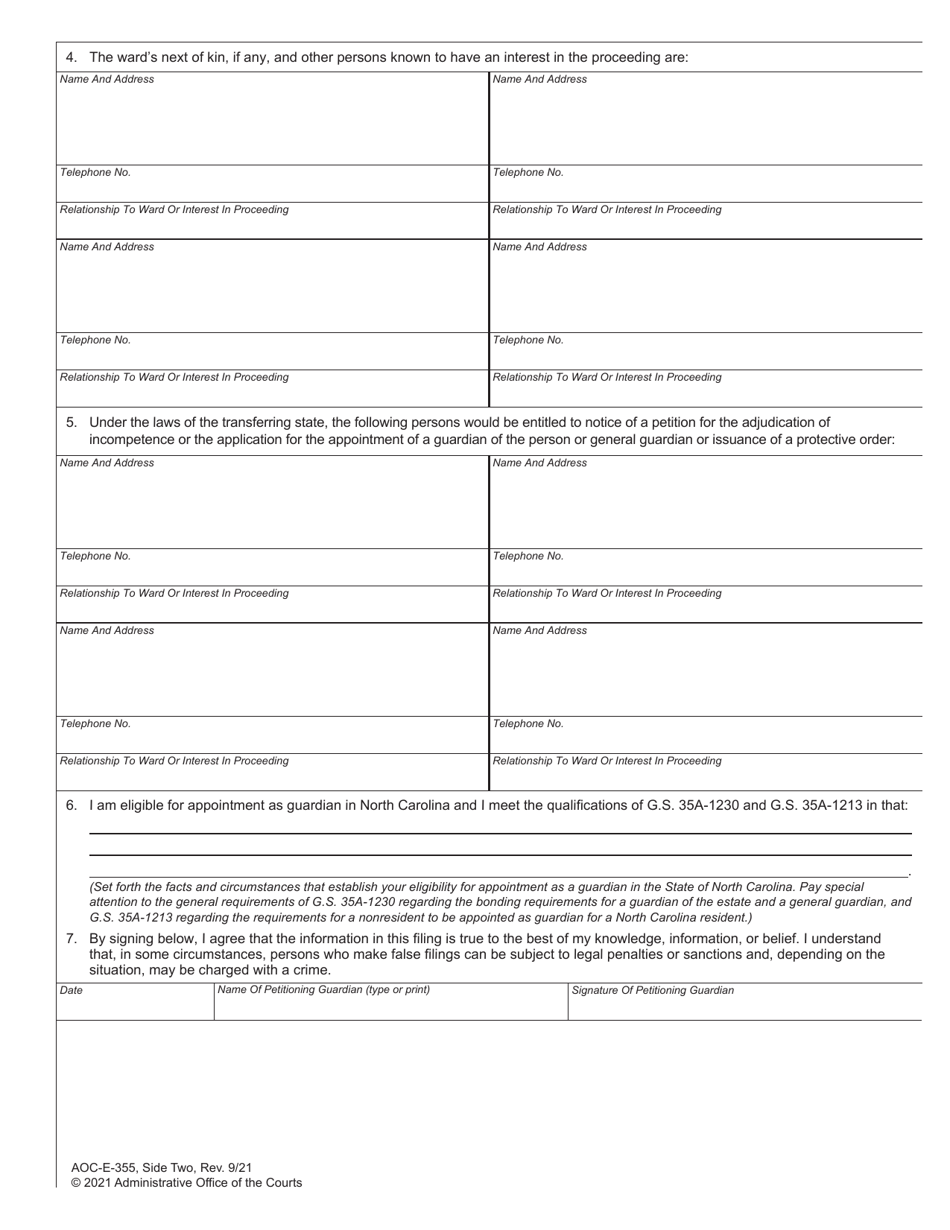 Form AOC-E-355 Petition to Accept Guardianship on Transfer From Another State - North Carolina, Page 2