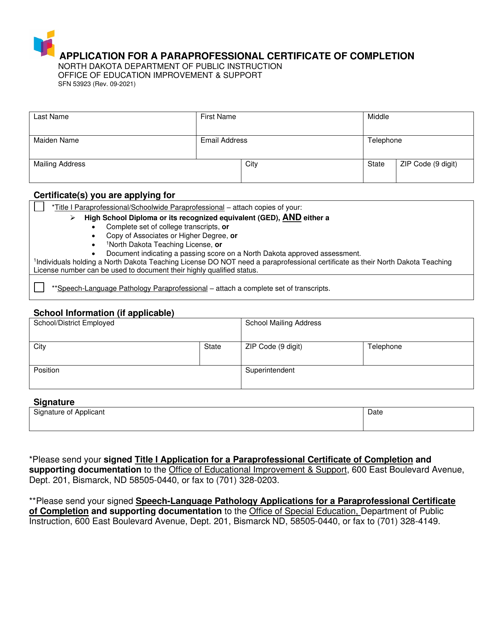 Form SFN53923 Application for a Paraprofessional Certificate of Completion - North Dakota