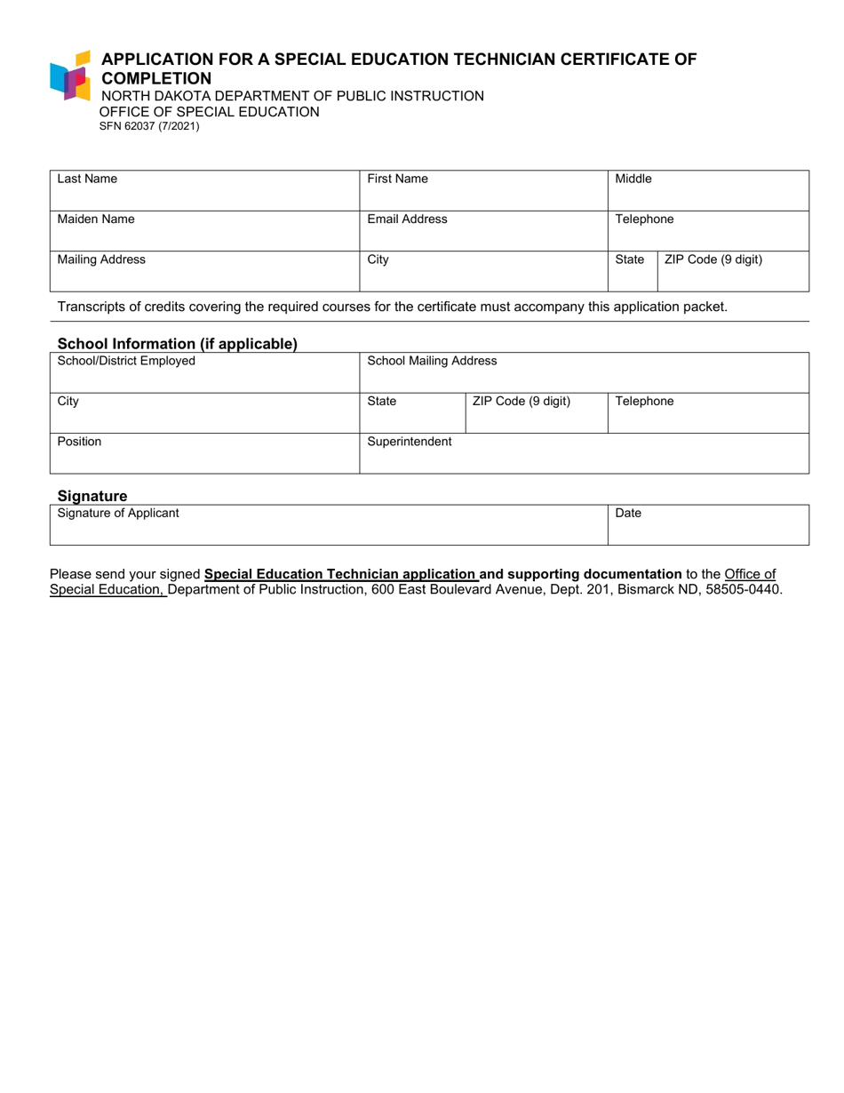 Form SFN62037 Application for a Special Education Technician Certificate of Completion - North Dakota, Page 1