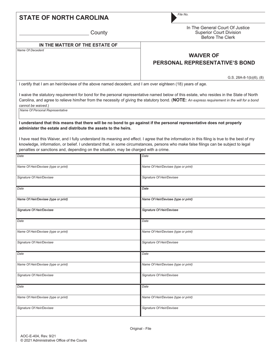 Form AOC-E-404 Waiver of Personal Representatives Bond - North Carolina, Page 1