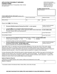 Form SFN2886 Application for Mobility-Impaired Parking Permit - North Dakota