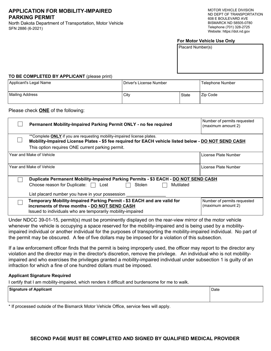 Form SFN2886 Application for Mobility-Impaired Parking Permit - North Dakota, Page 1