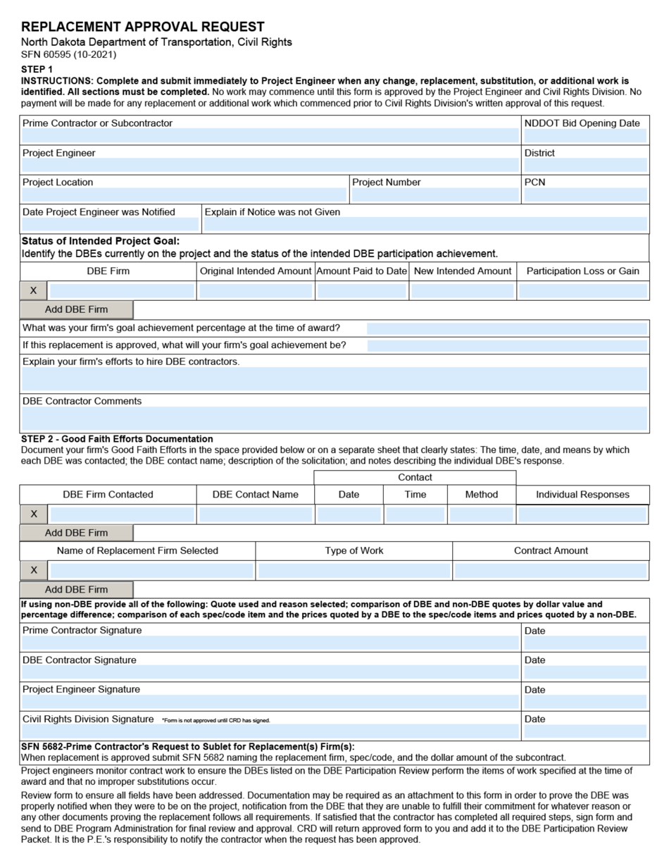 Form SFN60595 Replacement Approval Request - North Dakota, Page 1