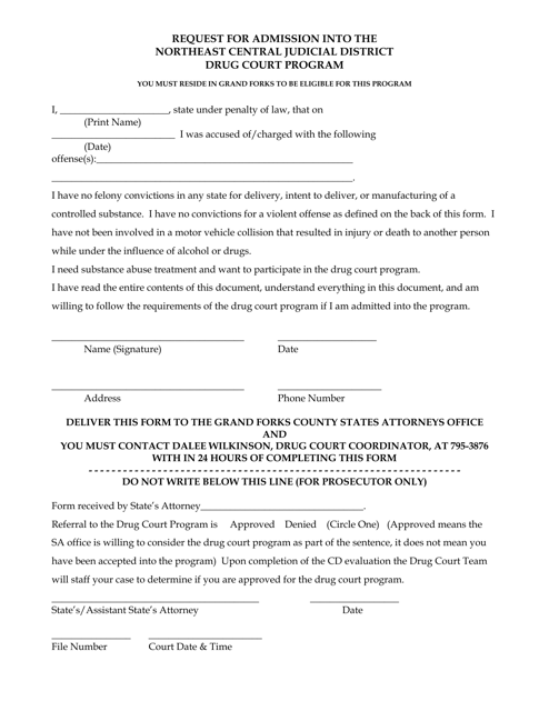 Request for Admission Into the Northeast Central Judicial District Drug Court Program - North Dakota Download Pdf