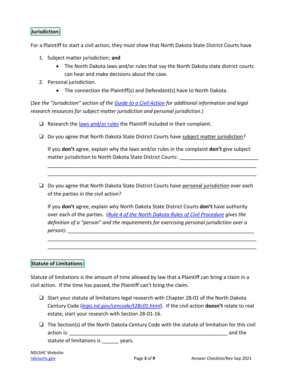 Answering a Civil Summons and Complaint Checklist - North Dakota, Page 3