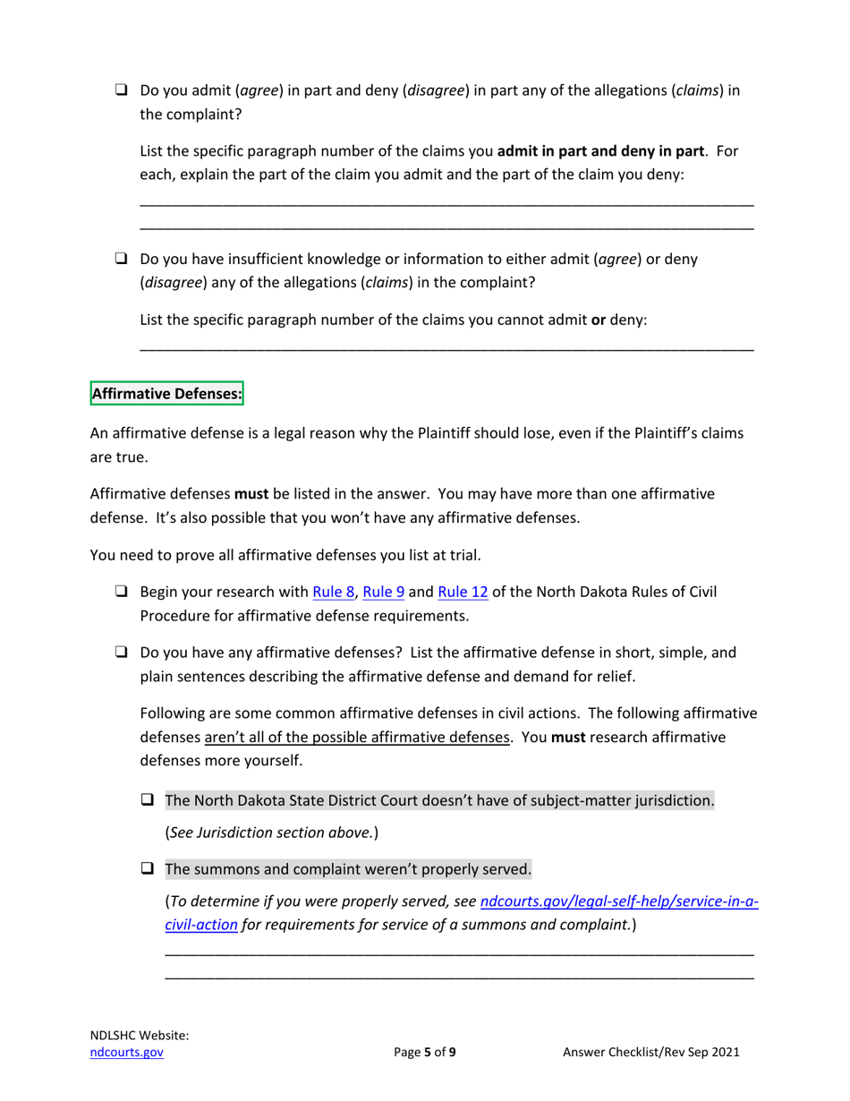 Answering a Civil Summons and Complaint Checklist - North Dakota, Page 5
