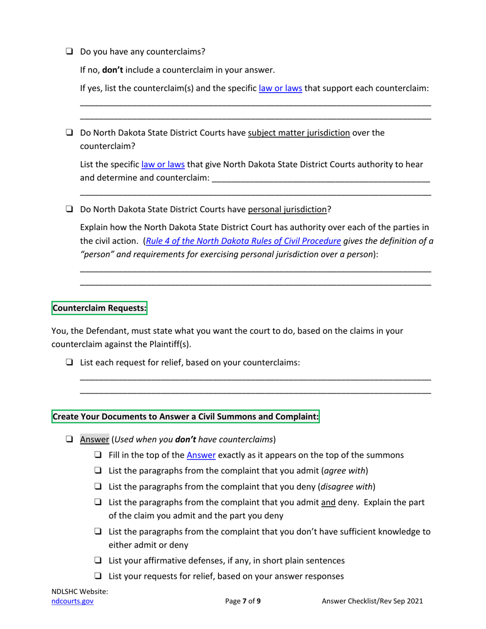 Answering a Civil Summons and Complaint Checklist - North Dakota, Page 7