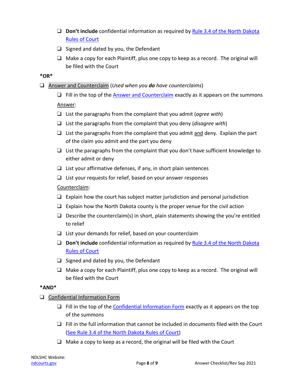Answering a Civil Summons and Complaint Checklist - North Dakota, Page 8