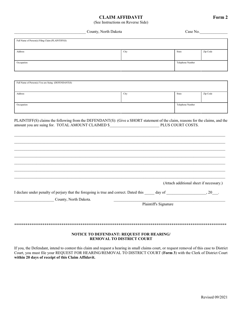 Form 2 Claim Affidavit - North Dakota, Page 1