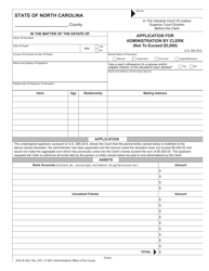 Form AOC-E-432 &quot;Application for Administration by Clerk (Not to Exceed $5,000)&quot; - North Carolina