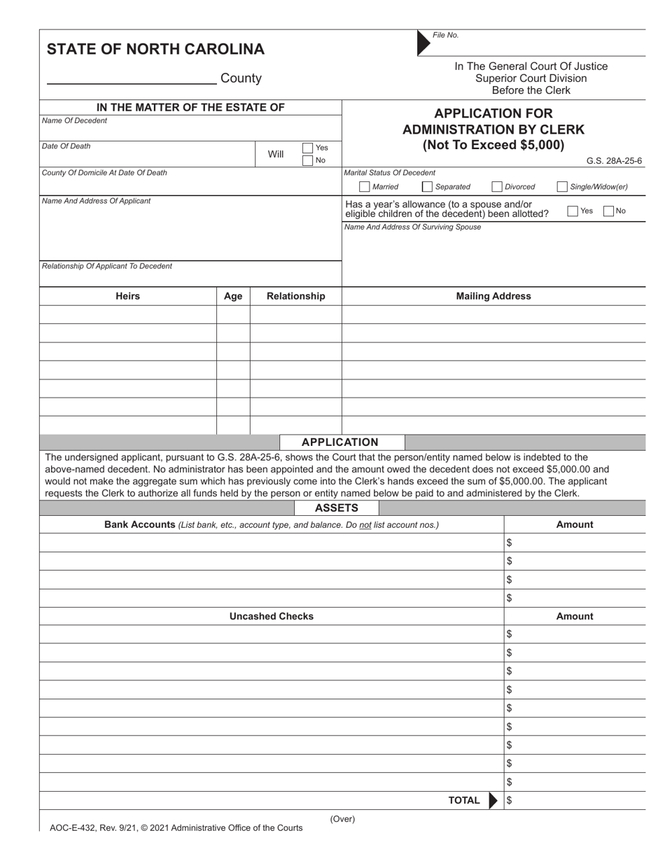 Form AOC-E-432 Application for Administration by Clerk (Not to Exceed $5,000) - North Carolina, Page 1