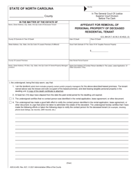 Form AOC-E-450 &quot;Affidavit for Removal of Personal Property of Deceased Residential Tenant&quot; - North Carolina