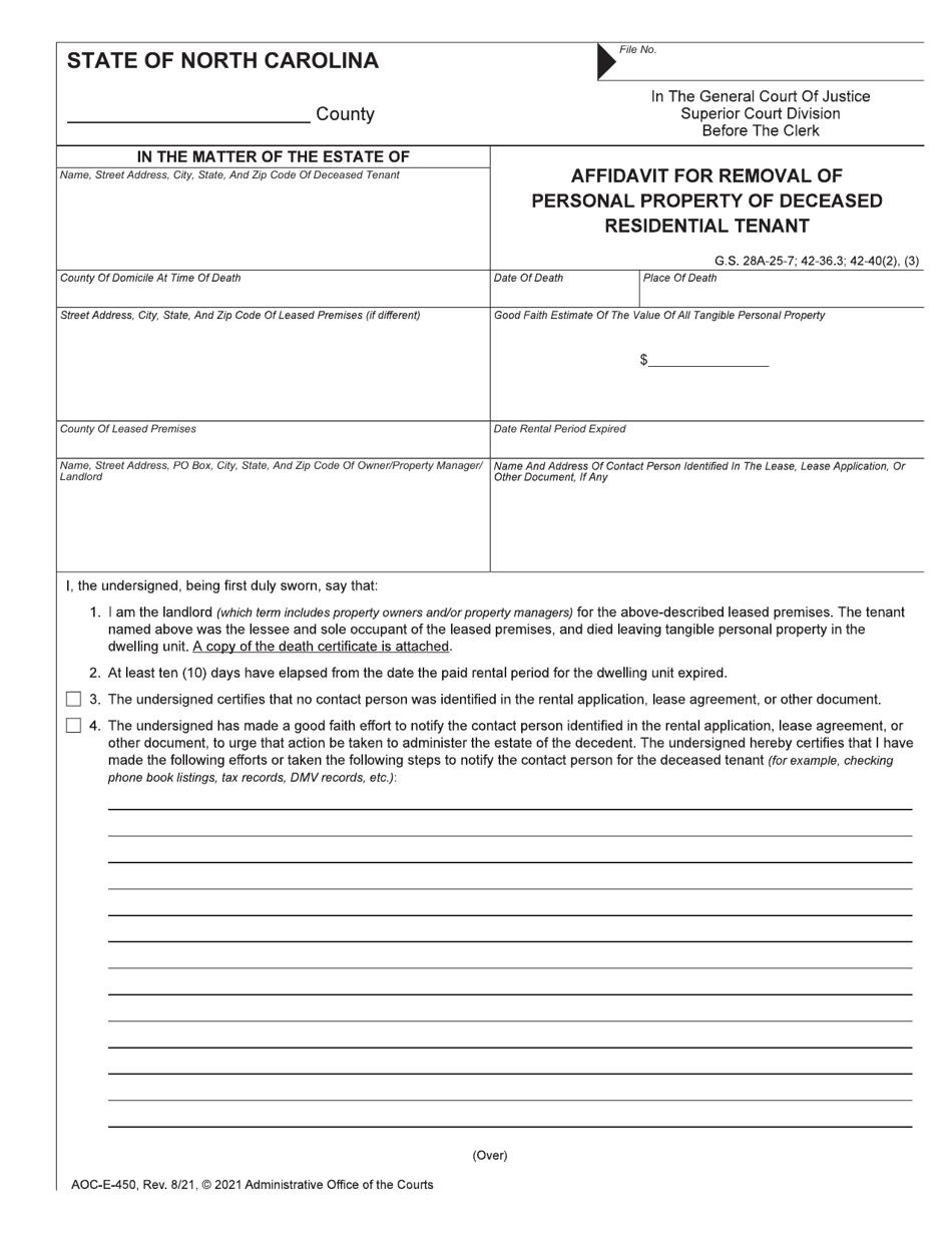 Form AOC-E-450 Affidavit for Removal of Personal Property of Deceased Residential Tenant - North Carolina, Page 1