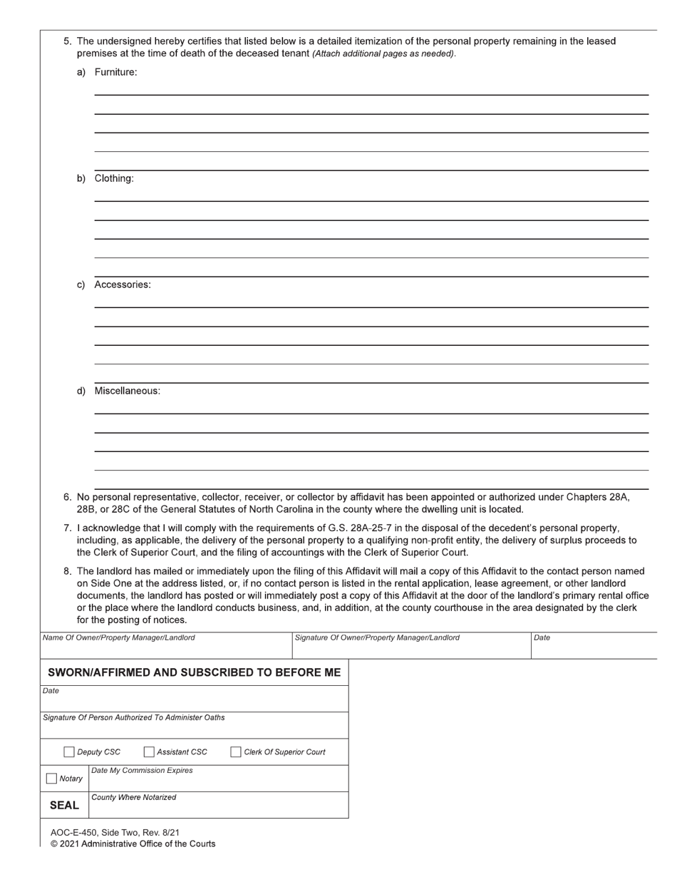 Form AOC-E-450 Affidavit for Removal of Personal Property of Deceased Residential Tenant - North Carolina, Page 2