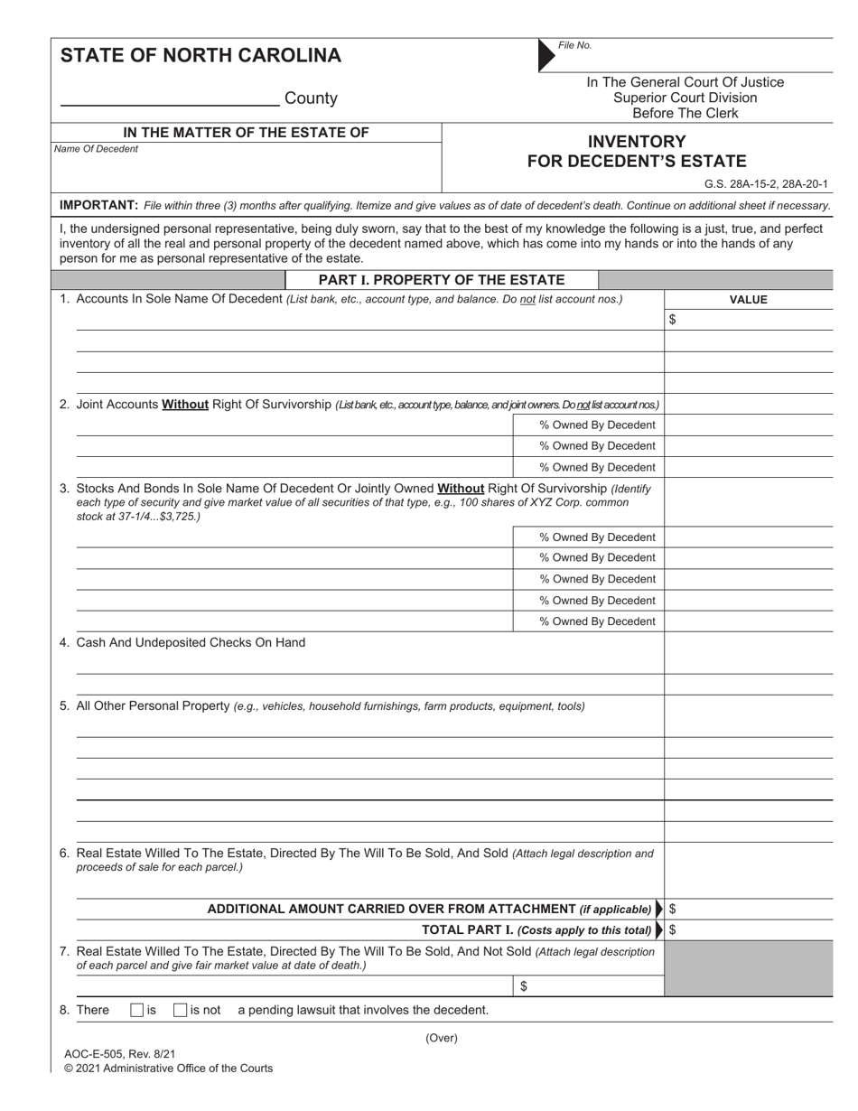 Form AOCE505 Download Fillable PDF or Fill Online Inventory for Decedent's Estate, North