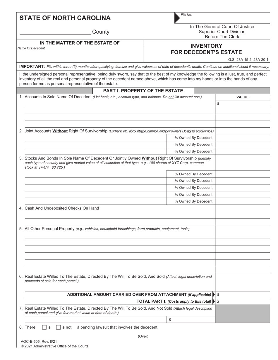 Form AOC-E-505 Inventory for Decedents Estate - North Carolina, Page 1