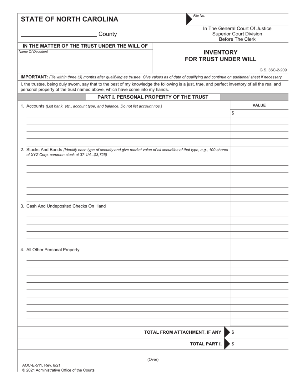 Form AOC-E-511 Inventory for Trust Under Will - North Carolina, Page 1