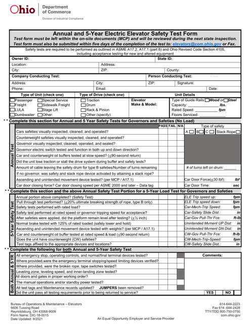 Form DIC-18-0015 Annual and 5-year Electric Elevator Safety Test Form - Ohio