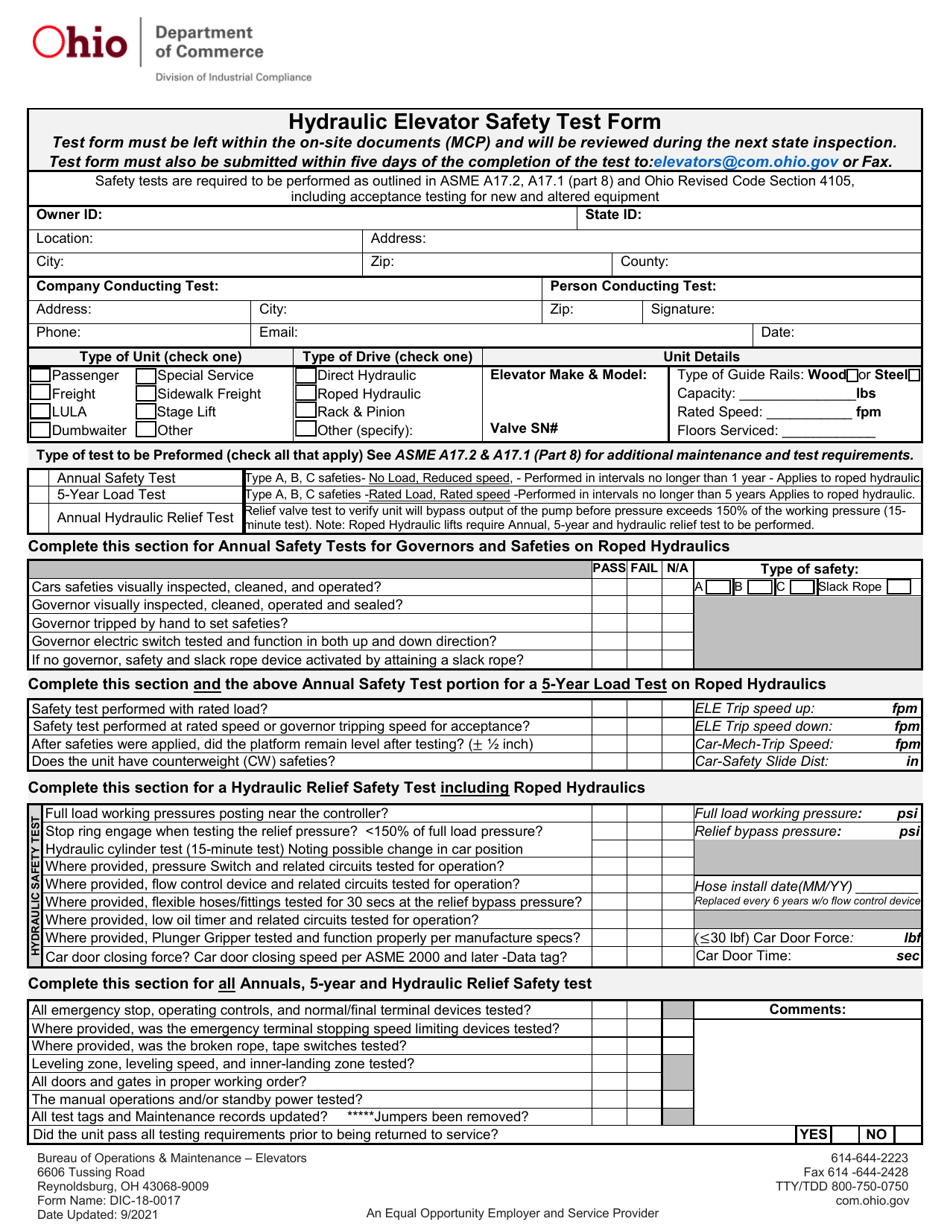 Form DIC-18-0017 Hydraulic Elevator Safety Test Form - Ohio, Page 1