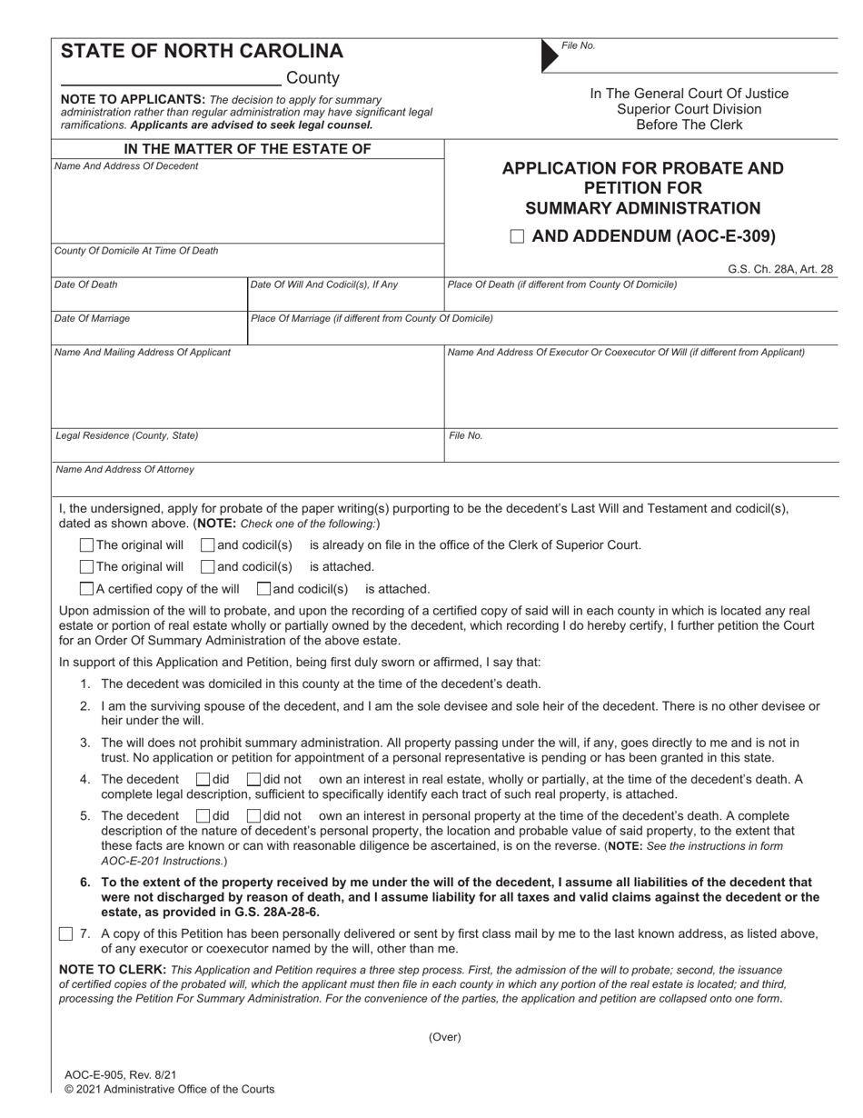 Form AOC-E-905 Application for Probate and Petition for Summary Administration - North Carolina, Page 1
