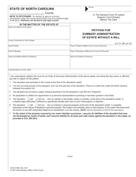 Form AOC-E-906 &quot;Petition for Summary Administration of Estate Without a Will&quot; - North Carolina