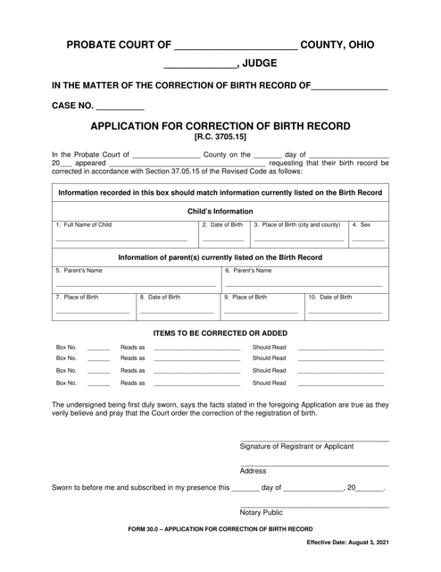 Form 30.0 Application for Correction of Birth Record - Ohio