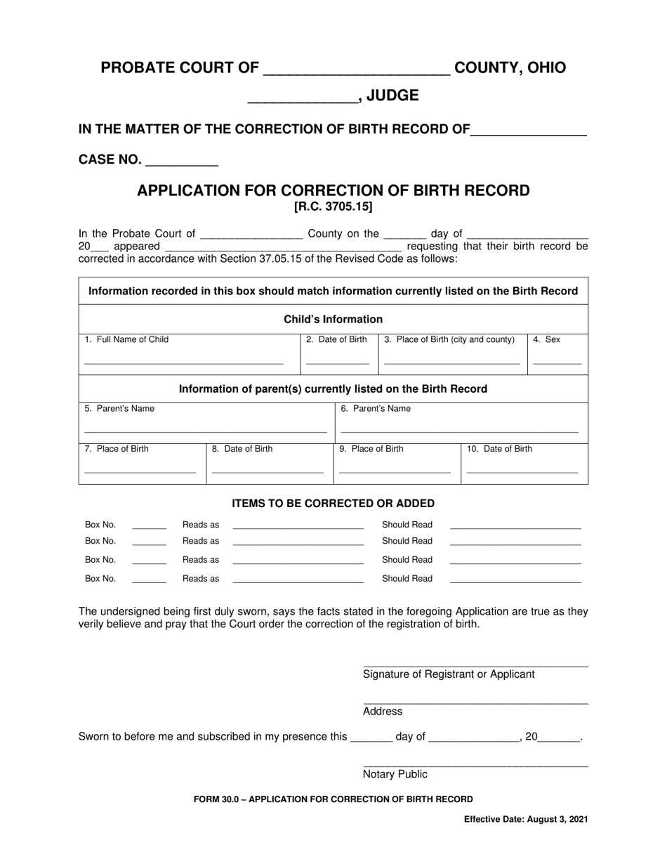 Form 30.0 Application for Correction of Birth Record - Ohio, Page 1
