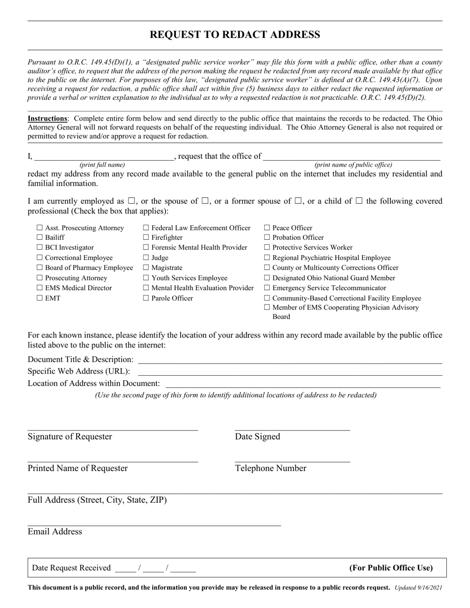 Ohio Request to Redact Address Download Fillable PDF Templateroller
