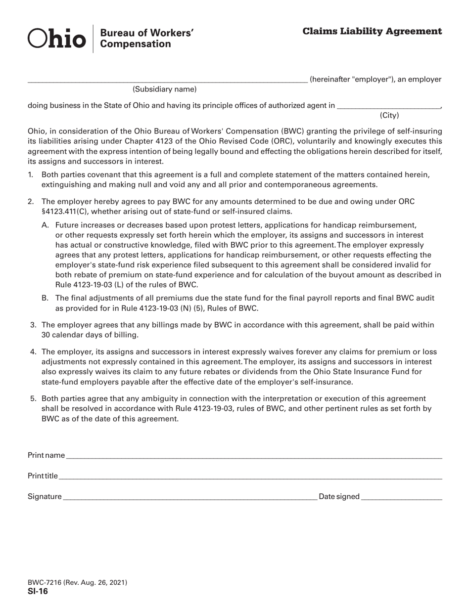 Form SI-16 (BWC-7216) Claims Liability Agreement - Ohio, Page 1