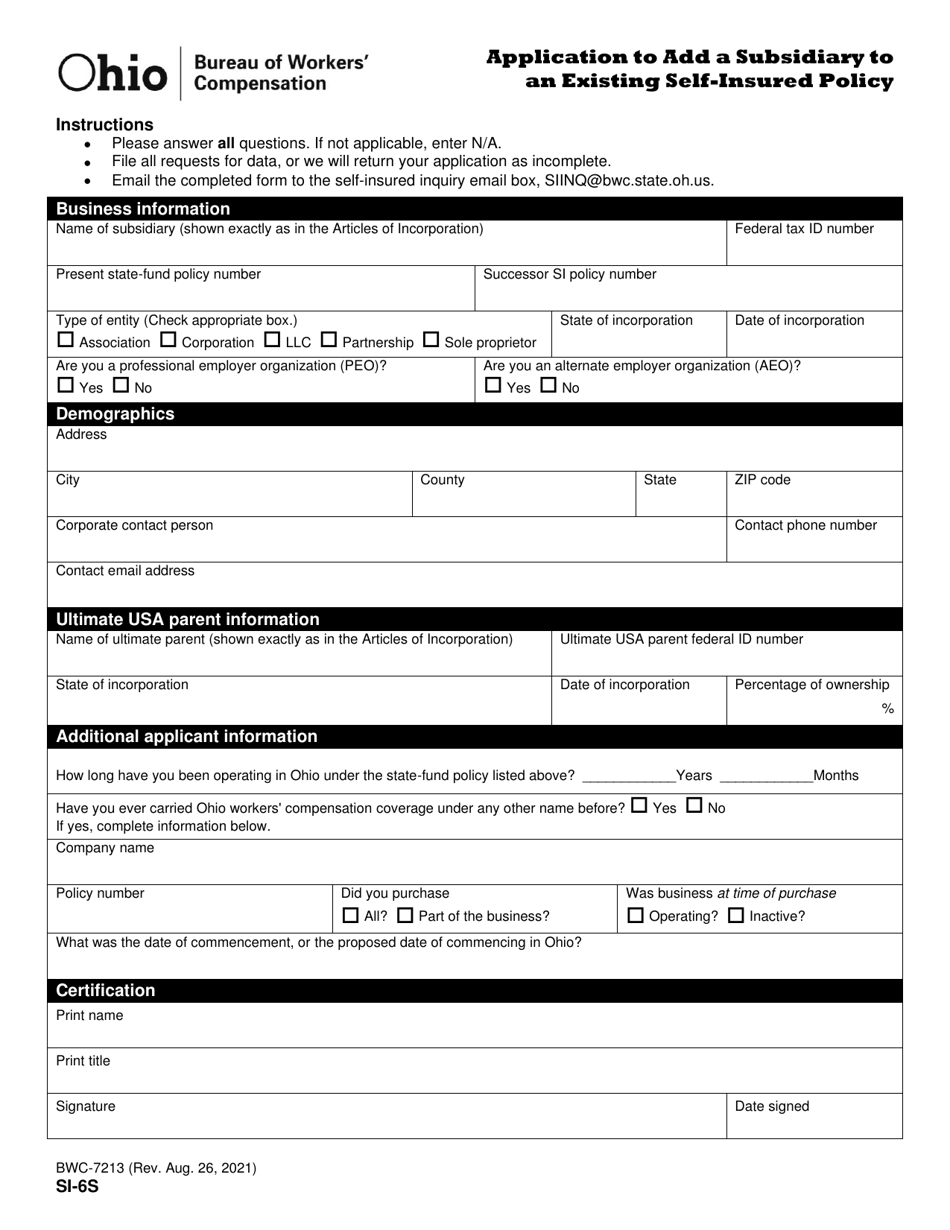 Form SI-6S (BWC-7213) Application to Add a Subsidiary to an Existing Self-insured Policy - Ohio, Page 1
