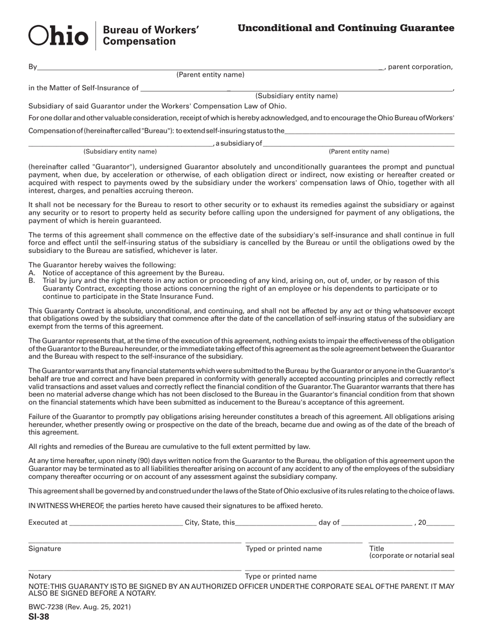 Form SI-38 (BWC-7238) Unconditional and Continuing Guarantee - Ohio, Page 1