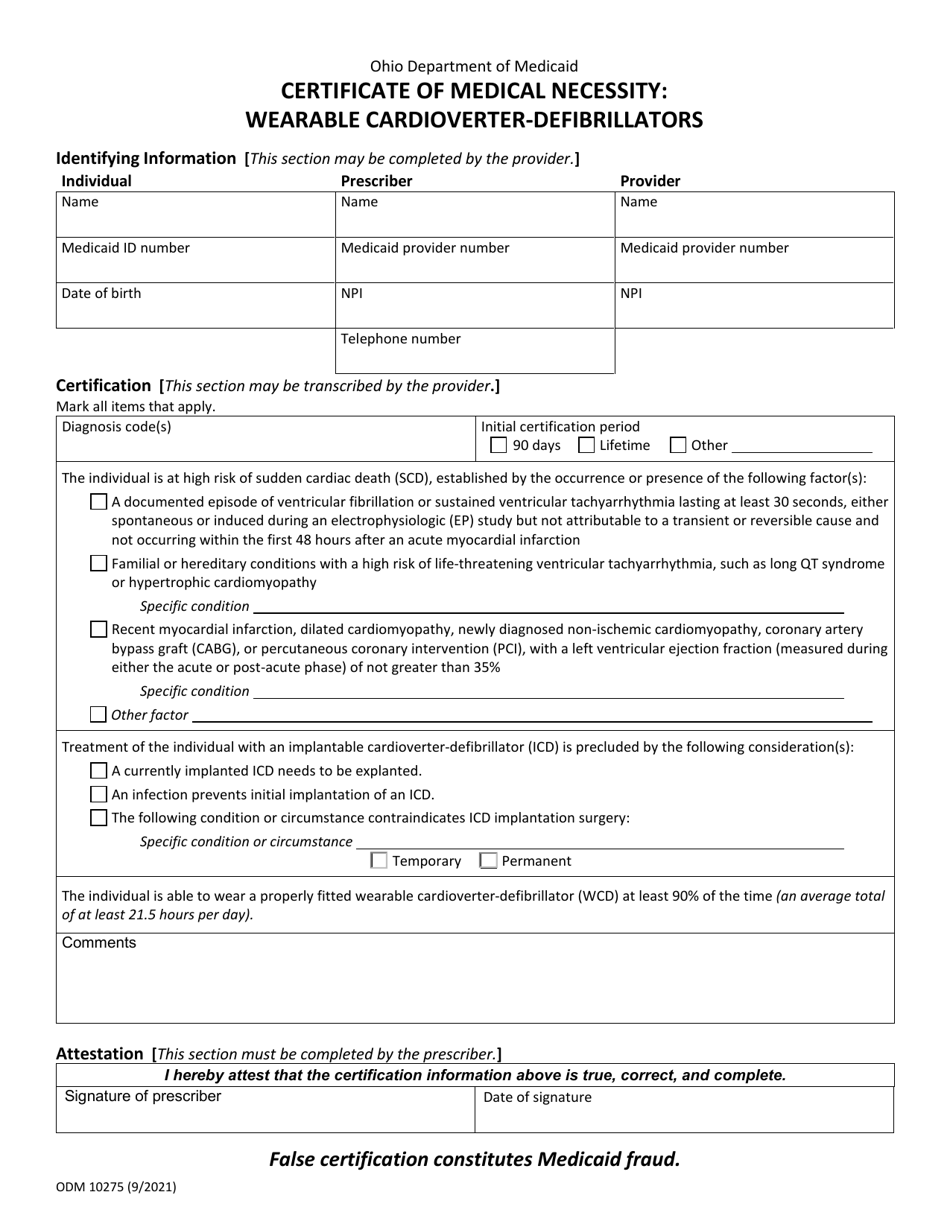Form ODM10275 Certificate of Medical Necessity: Wearable Cardioverter-Defibrillators - Ohio, Page 1