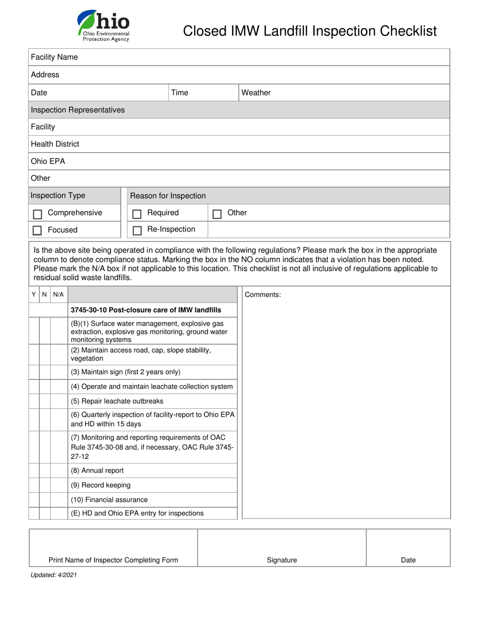 Ohio Closed Imw Landfill Inspection Checklist - Fill Out, Sign Online ...