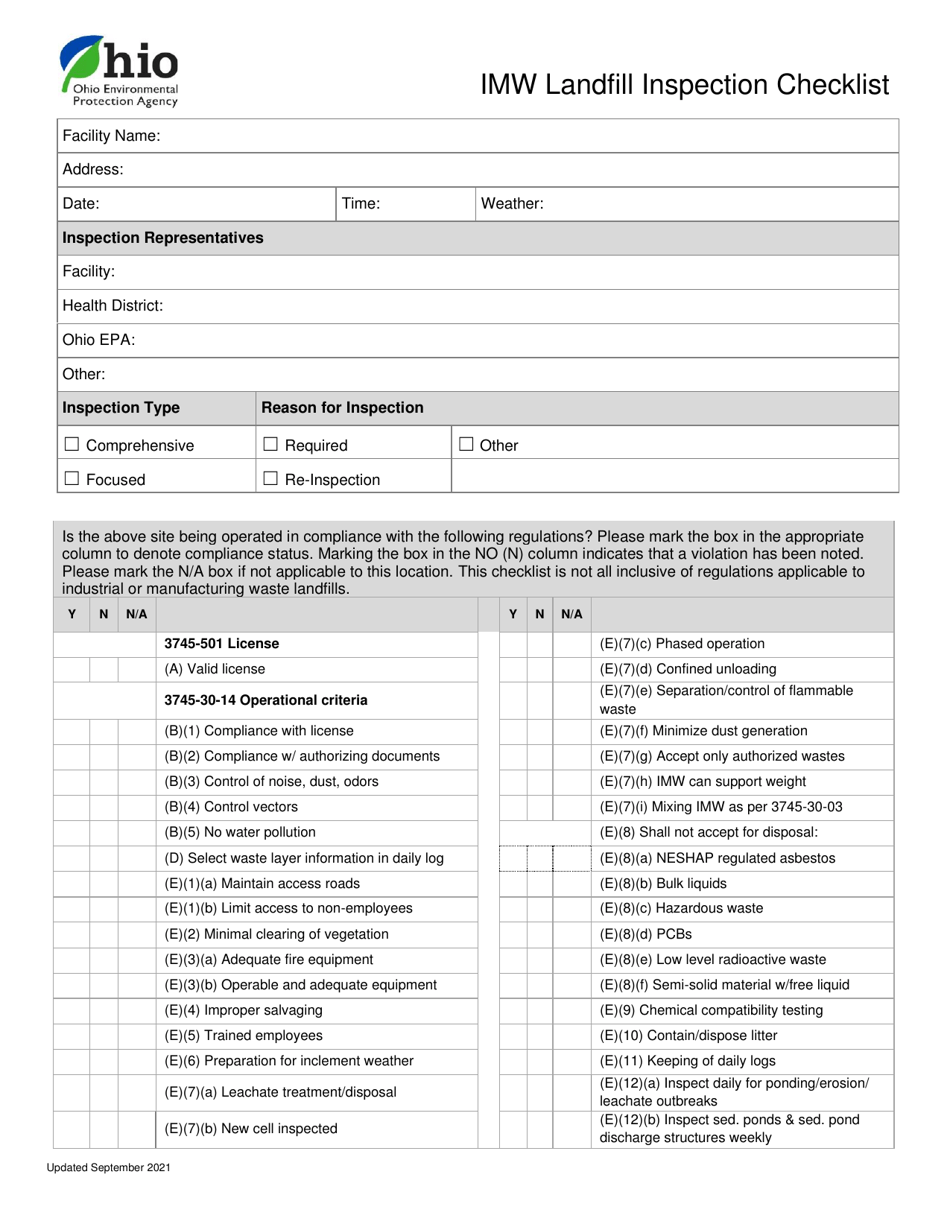 Ohio Imw Landfill Inspection Checklist Fill Out, Sign Online and