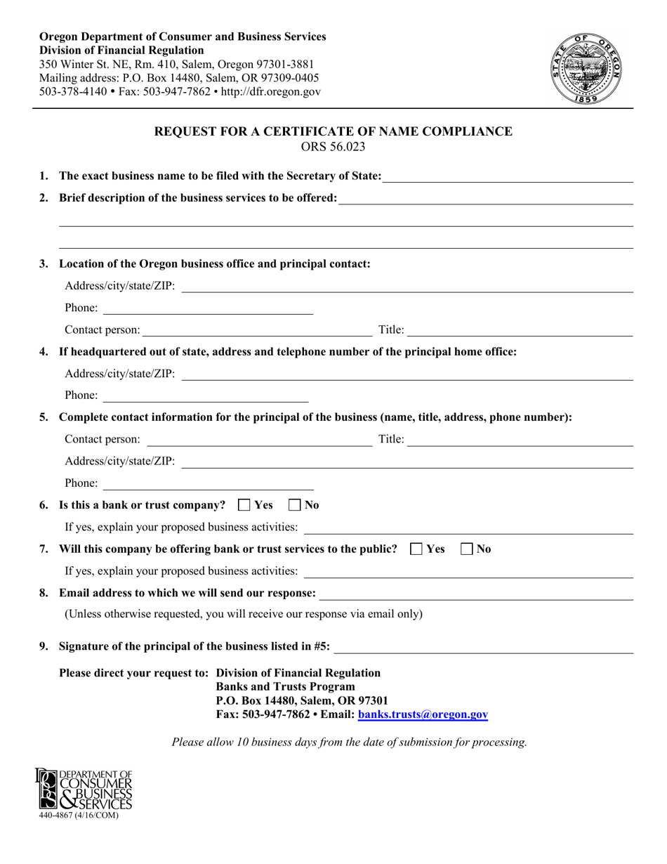 Form 440-4867 Request for a Certificate of Name Compliance - Oregon, Page 1