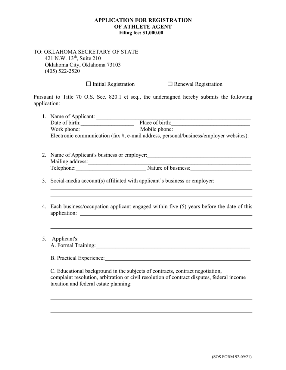 SOS Form 92 Application for Registration of Athlete Agent - Oklahoma, Page 1