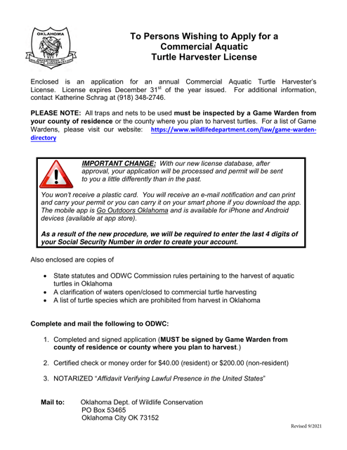 Application for Commercial Aquatic Turtle Harvester License - Oklahoma Download Pdf