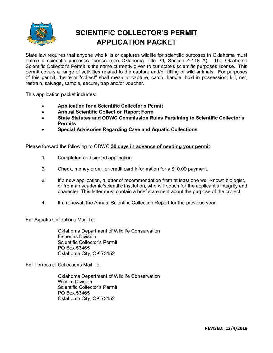 Application for Scientific Collectors Permit - Oklahoma, Page 1