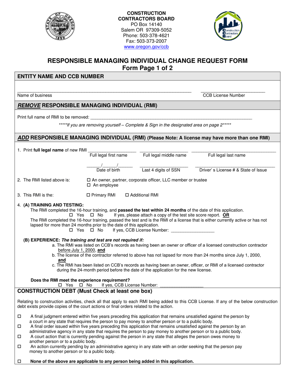 Responsible Managing Individual Change Request Form - Oregon, Page 1