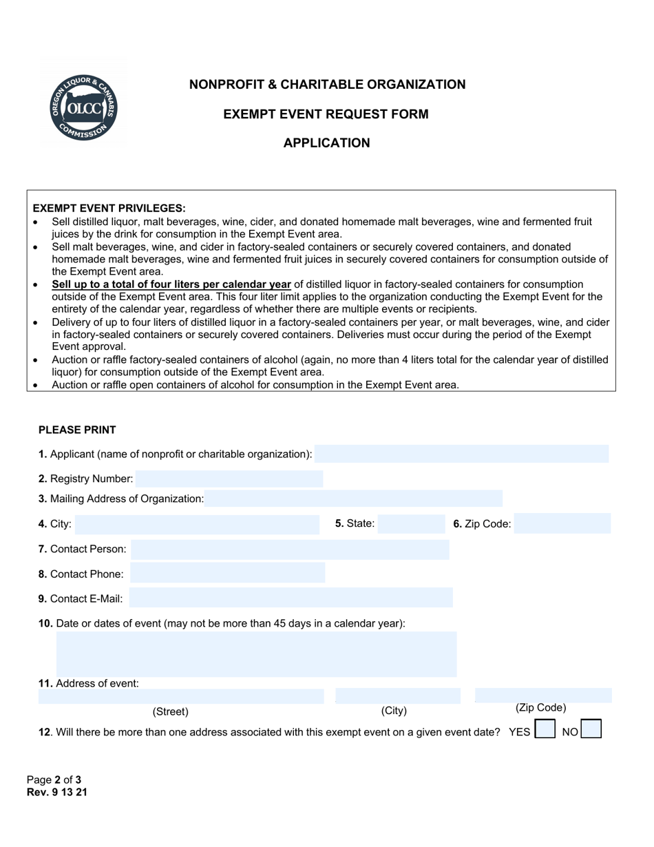 Nonprofit  Charitable Organization Exempt Event Request Form - Oregon, Page 2