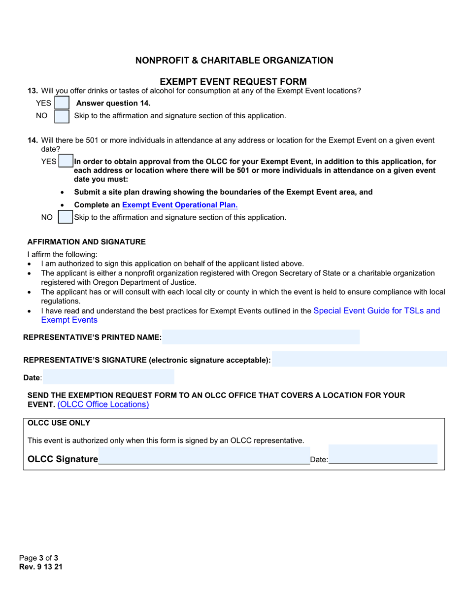 Nonprofit  Charitable Organization Exempt Event Request Form - Oregon, Page 3