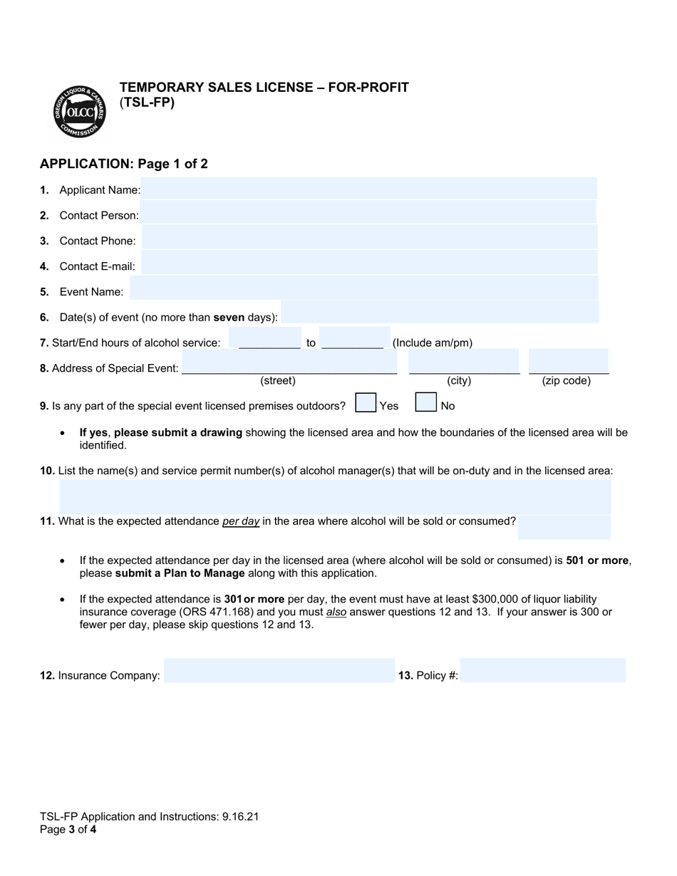 Temporary Sales License - for-Profit (Tsl-Fp) - Oregon, Page 3