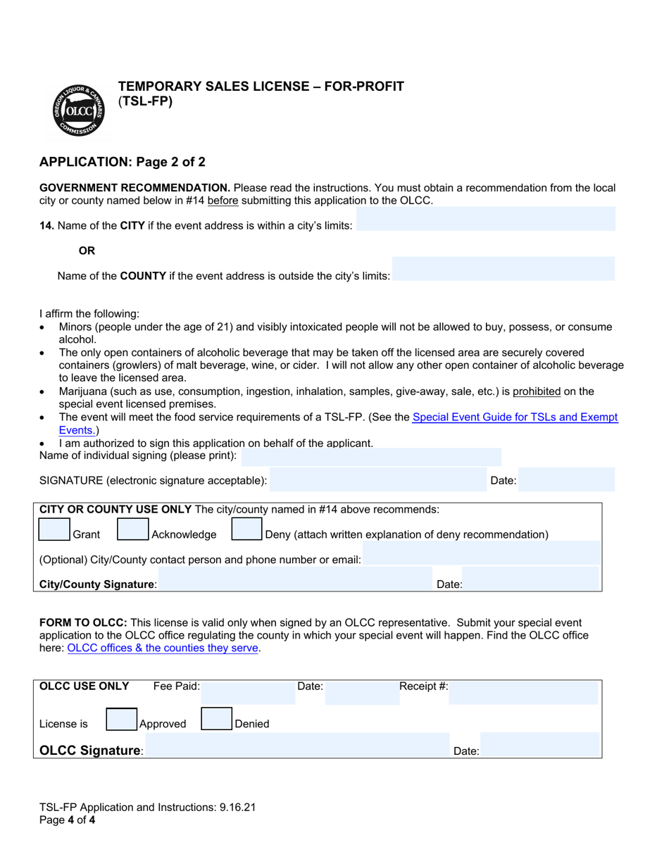 Temporary Sales License - for-Profit (Tsl-Fp) - Oregon, Page 4