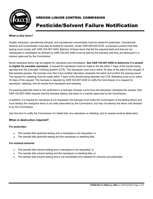 Form MJ21-1004 Pesticide/Solvent Failure Notification - Oregon