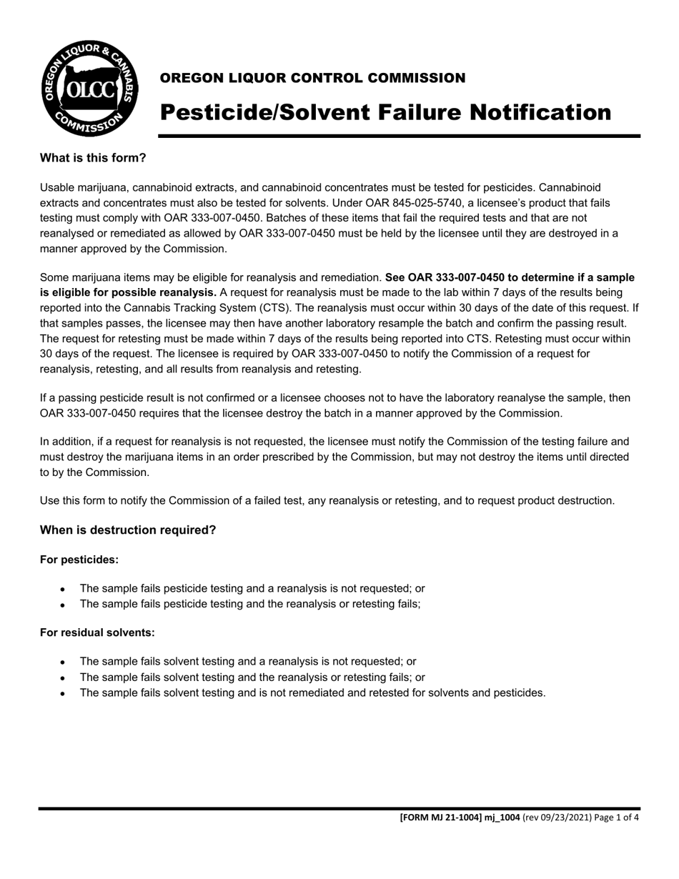 Form MJ21-1004 Pesticide / Solvent Failure Notification - Oregon, Page 1