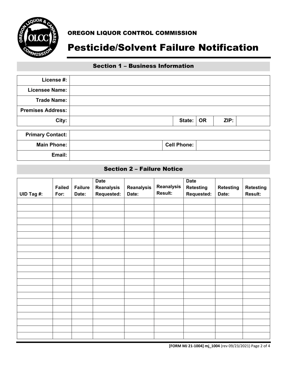 Form MJ21-1004 Pesticide / Solvent Failure Notification - Oregon, Page 2