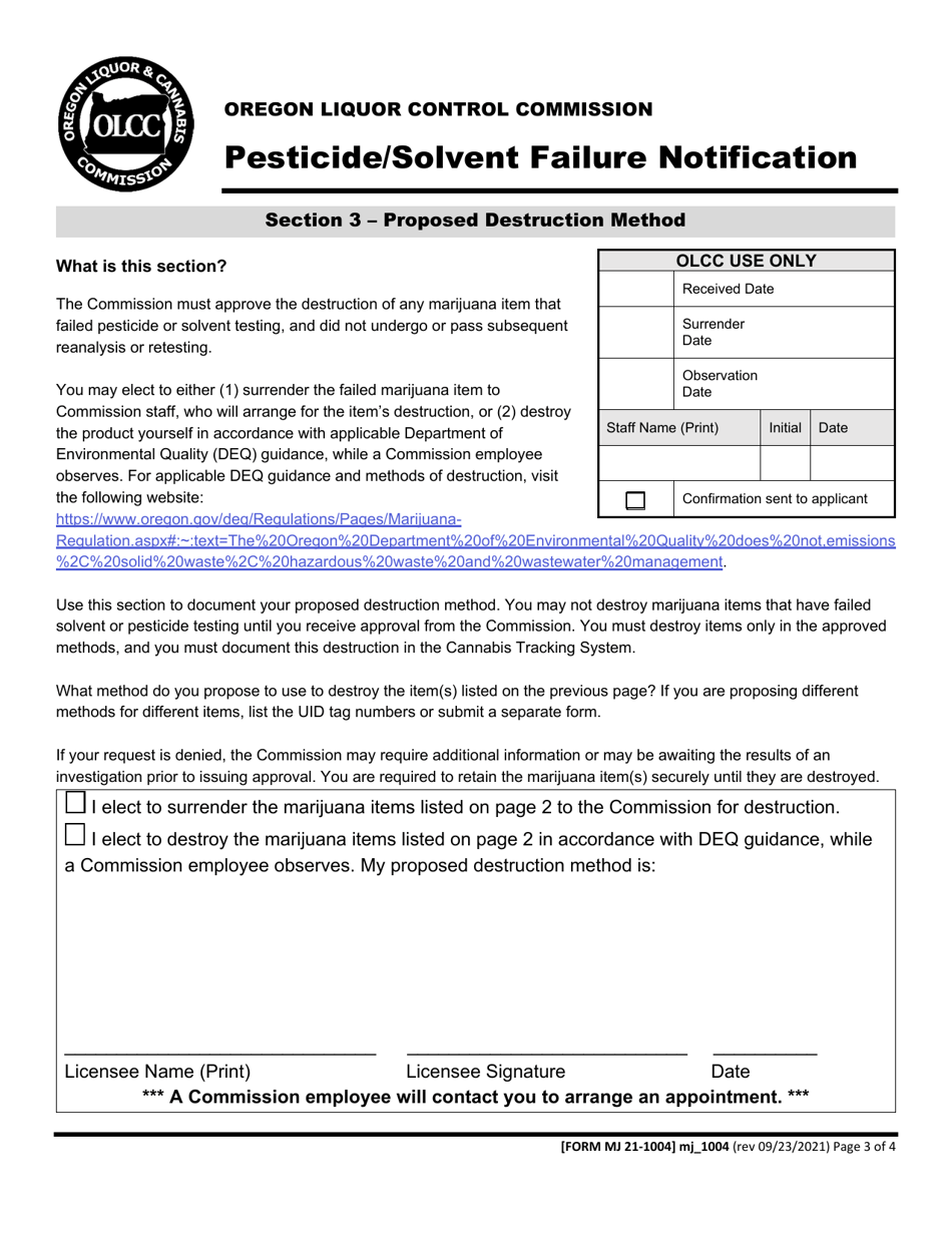 Form MJ21-1004 Pesticide / Solvent Failure Notification - Oregon, Page 3