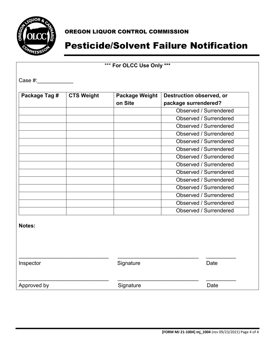 Form MJ21-1004 Pesticide / Solvent Failure Notification - Oregon, Page 4